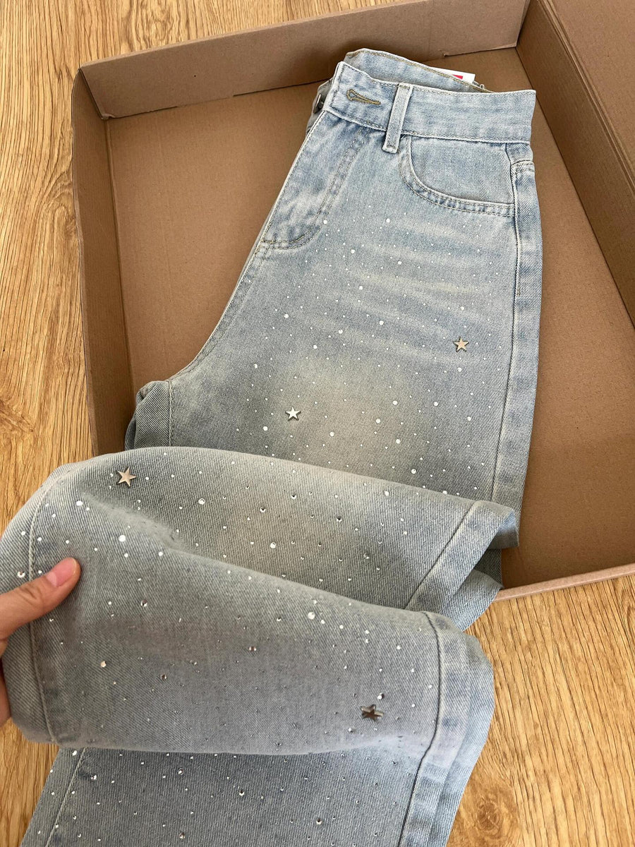 Calça Jeans Azul Estilo Reta com Strass - foto 3