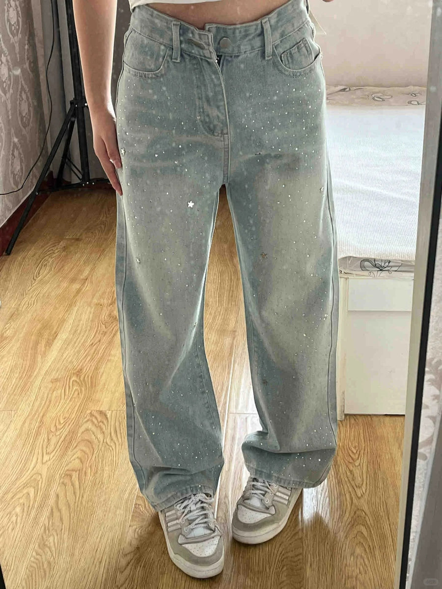 Calça Jeans Azul Estilo Reta com Strass - foto 5