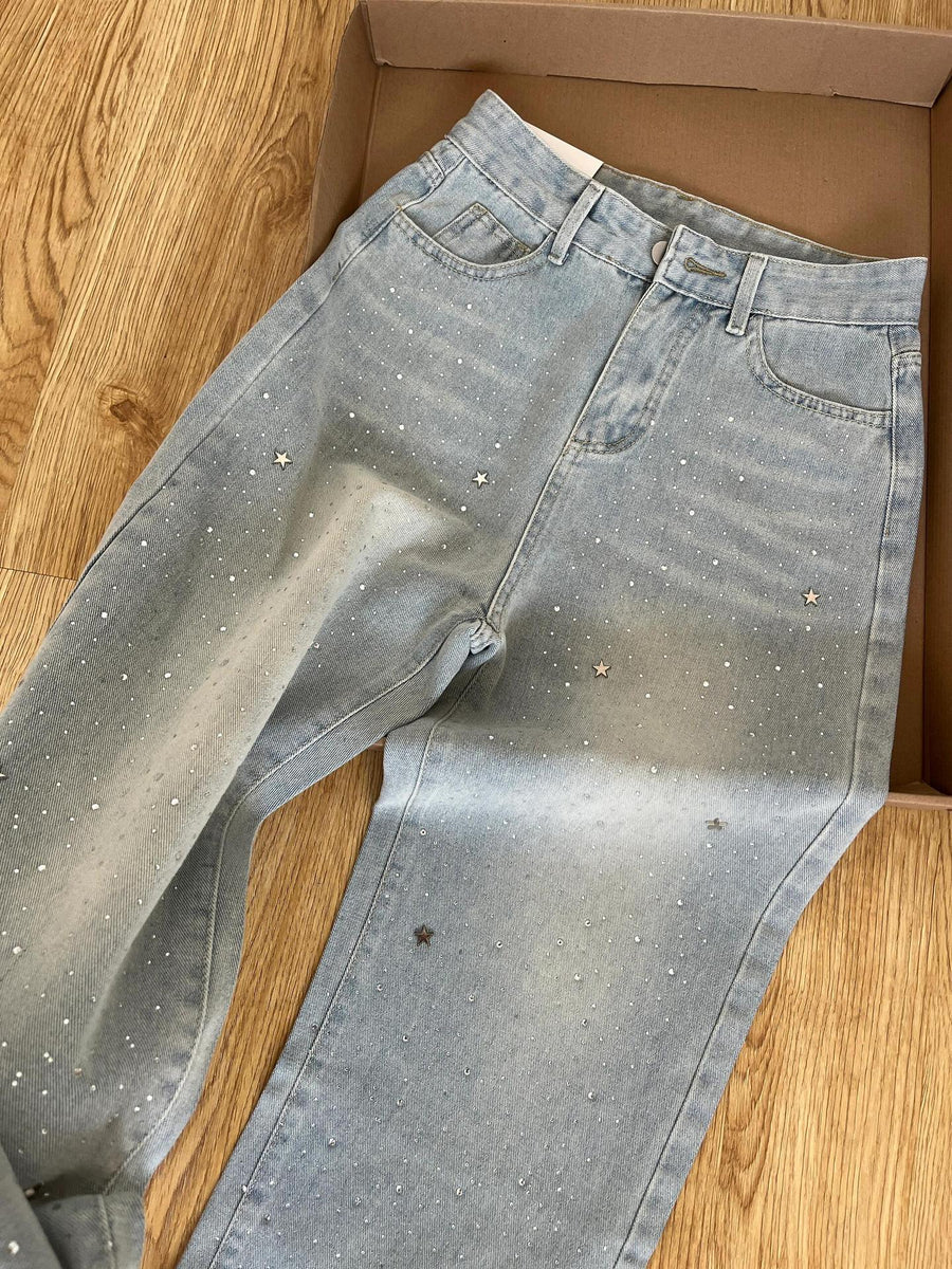 Calça Jeans Azul Estilo Reta com Strass - foto 4