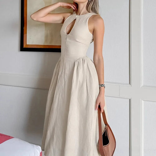 Vestido de Verão de Linho e Algodão na Cor Caqui