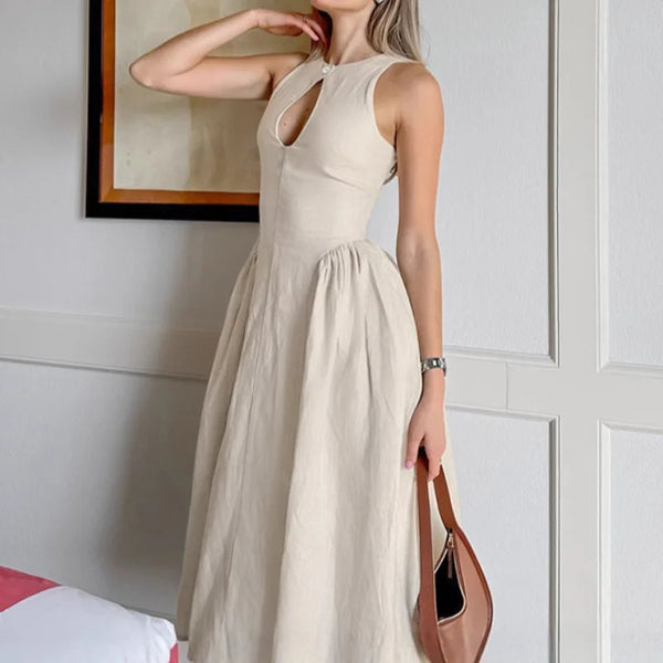 Vestido de Verão de Linho e Algodão na Cor Caqui