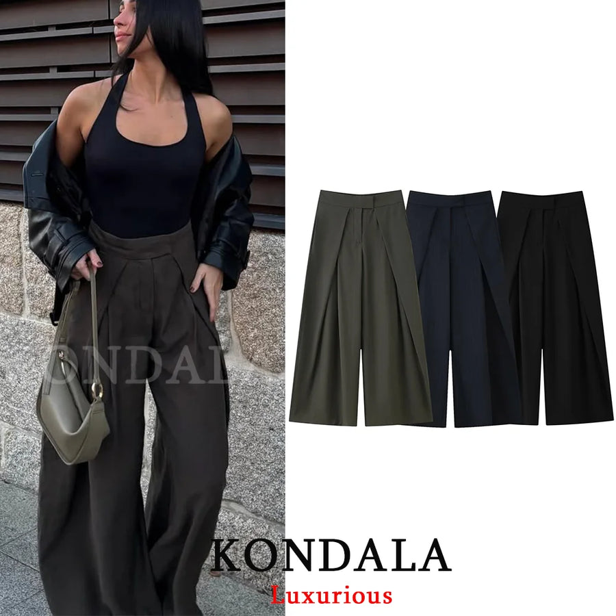 Calça Pantalona Feminina com Pregas e Bolsos — foto 1