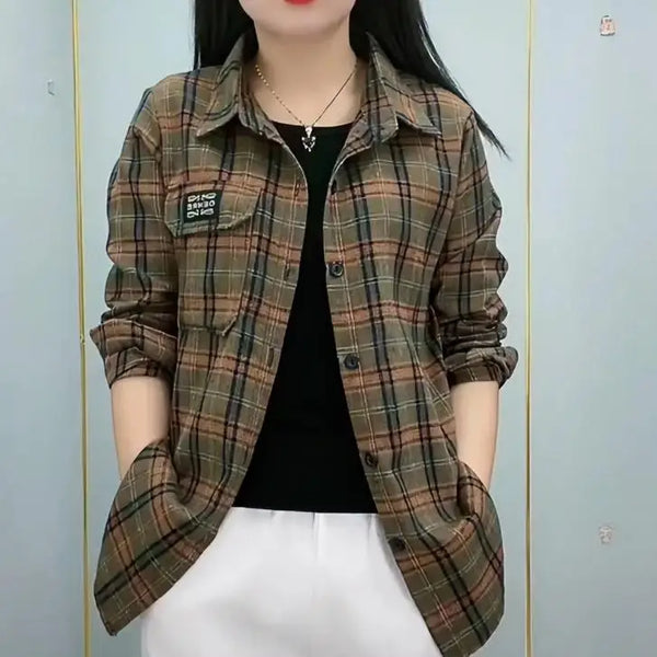 Camisa Feminina Casual de Algodao com Protecao Solar — Estampa Xadrez