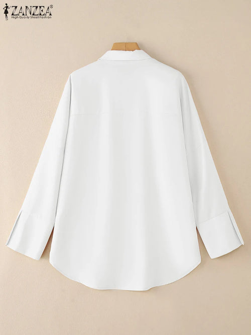 Camisa Branca Oversized Feminina ZANZEA com Gola Dobrável